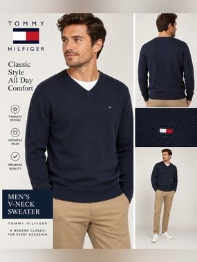 Tommy Hilfiger Men’s XXL/XXG Navy V-Neck Sweater | Classic Knit